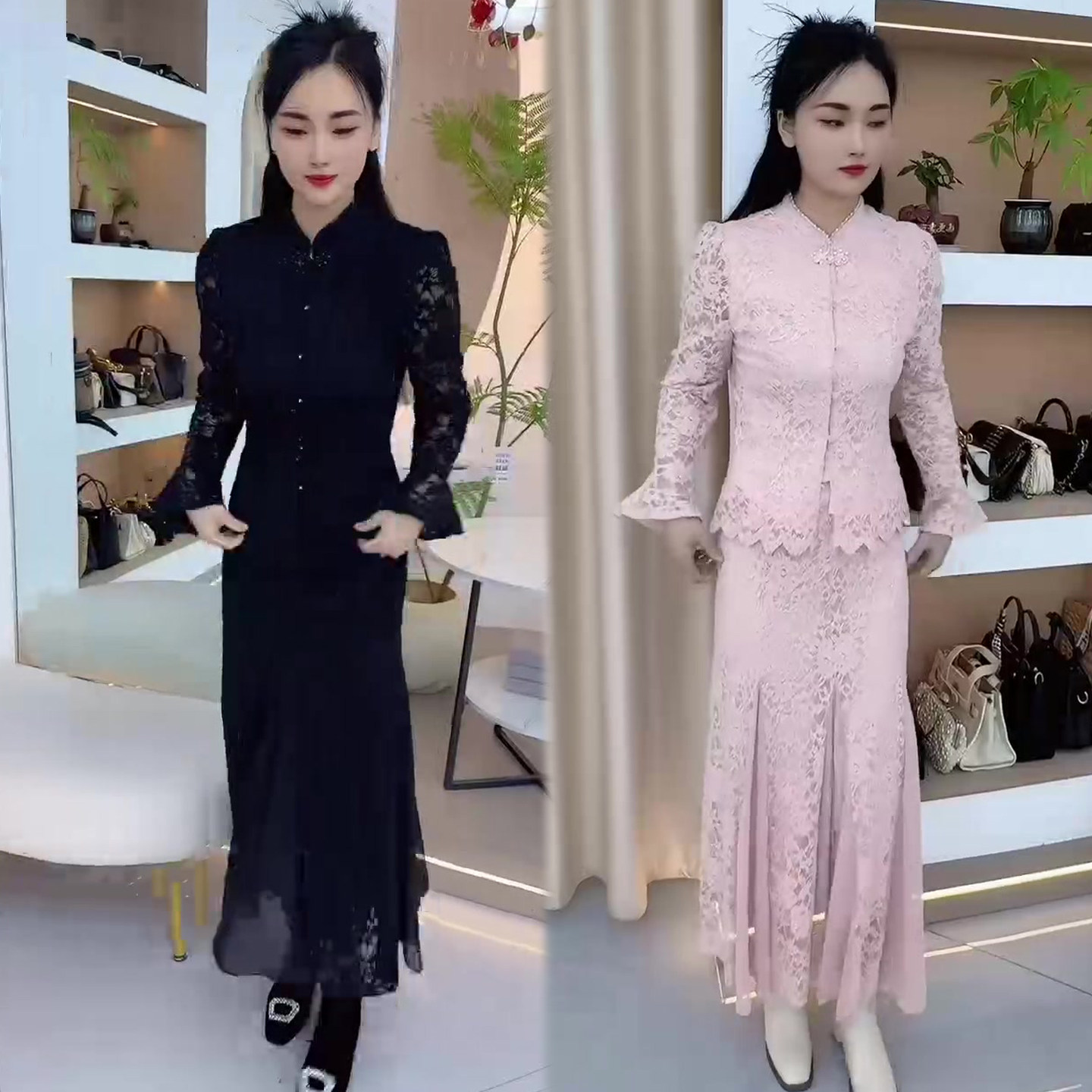 女神气质蕾丝套装女2026春季新款喇叭袖立领上衣+高腰半身裙两件,女装/女士精品,时尚套装,淘宝优惠券,粉丝福利购,淘宝优惠卷