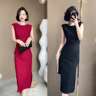 轻奢优雅风无袖连衣裙女2026春夏季新款修身收腰显瘦中长款女裙子