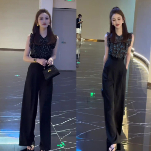 韩系时尚气质两件套女2026春夏季新款菲菲边雪纺衫+背带裤套装潮