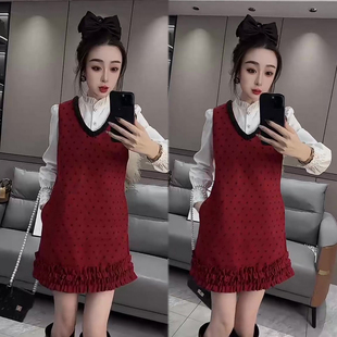 女2025冬季 砍袖 新款 蛋糕无袖 裙两件套 木耳边领衬衫 甜美洋气套装