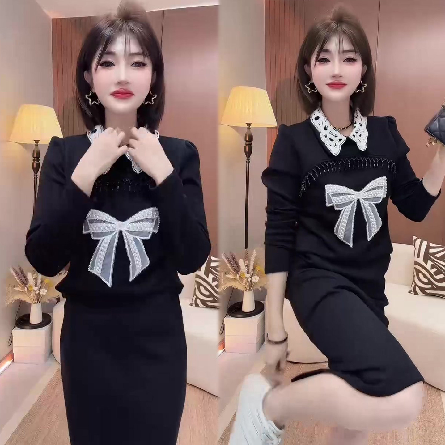 法式名媛风套装裙2026春季新款蕾丝拼蝴蝶结上衣+高腰半身裙两件,女装/女士精品,时尚套装,淘宝优惠券,粉丝福利购,淘宝优惠卷