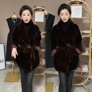 气质优雅金丝绒棉服女2024冬季 绑带设计感显瘦百搭高级感棉袄 新款