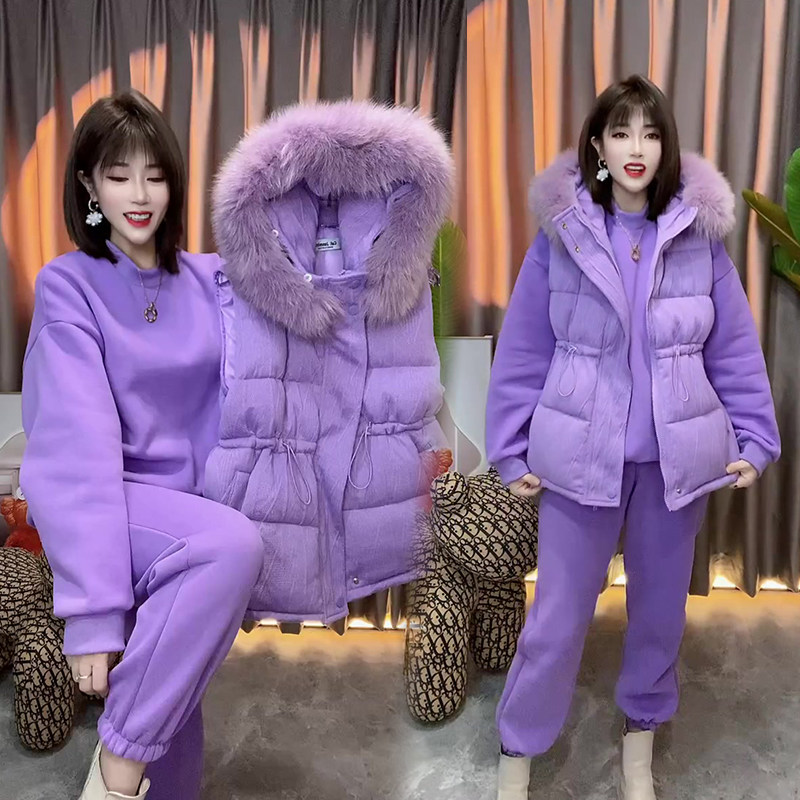 网红爆款时尚三件套女2022年冬季新款大毛领棉马甲+卫衣+哈伦裤潮,女装/女士精品,时尚套装,淘宝优惠券,粉丝福利购,淘宝优惠卷