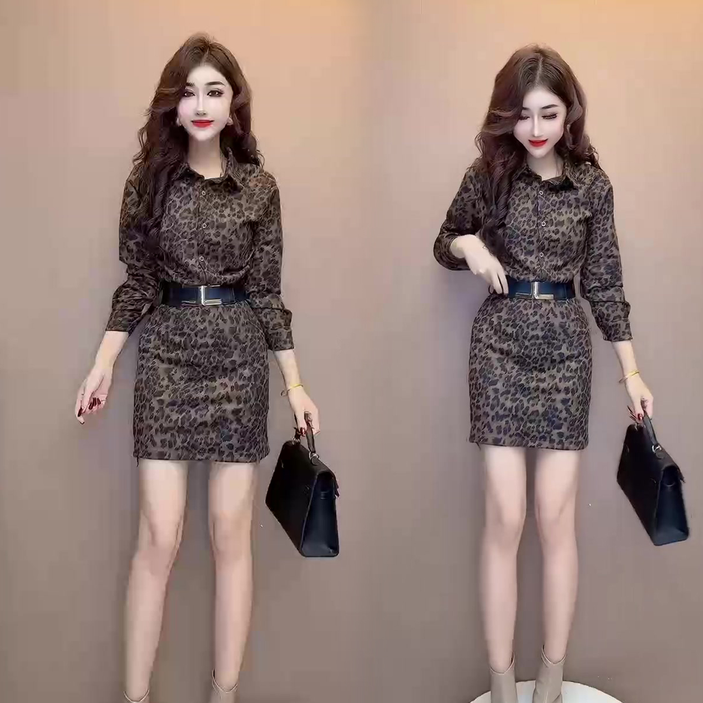 豹纹翻领长袖连衣裙女