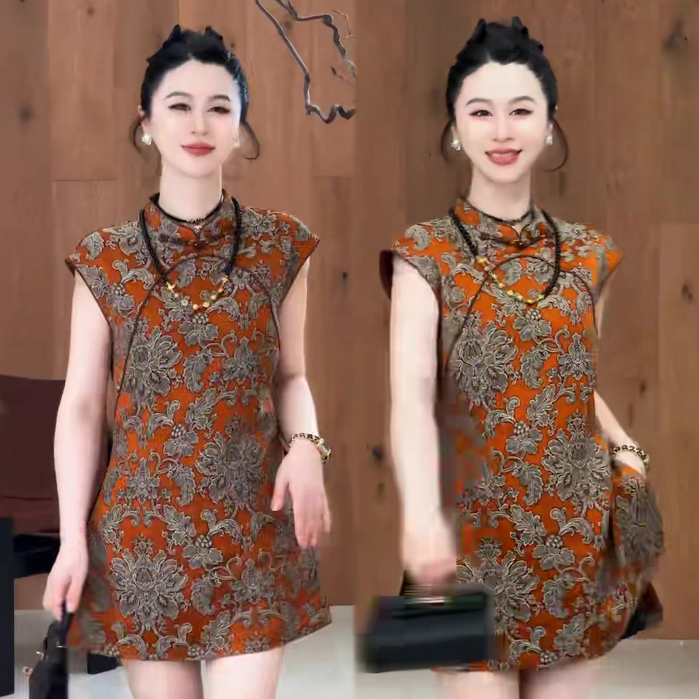 民族风旗袍连衣裙女2026春夏季新款无袖立领盘扣提花显瘦短裙女裙