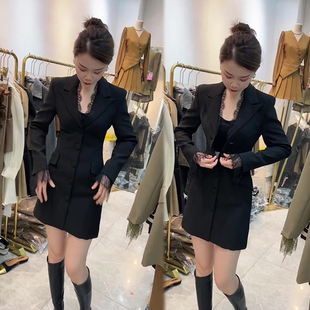气质名媛蕾丝拼接连衣裙女2023秋季新款收腰显瘦时尚洋气黑色短裙