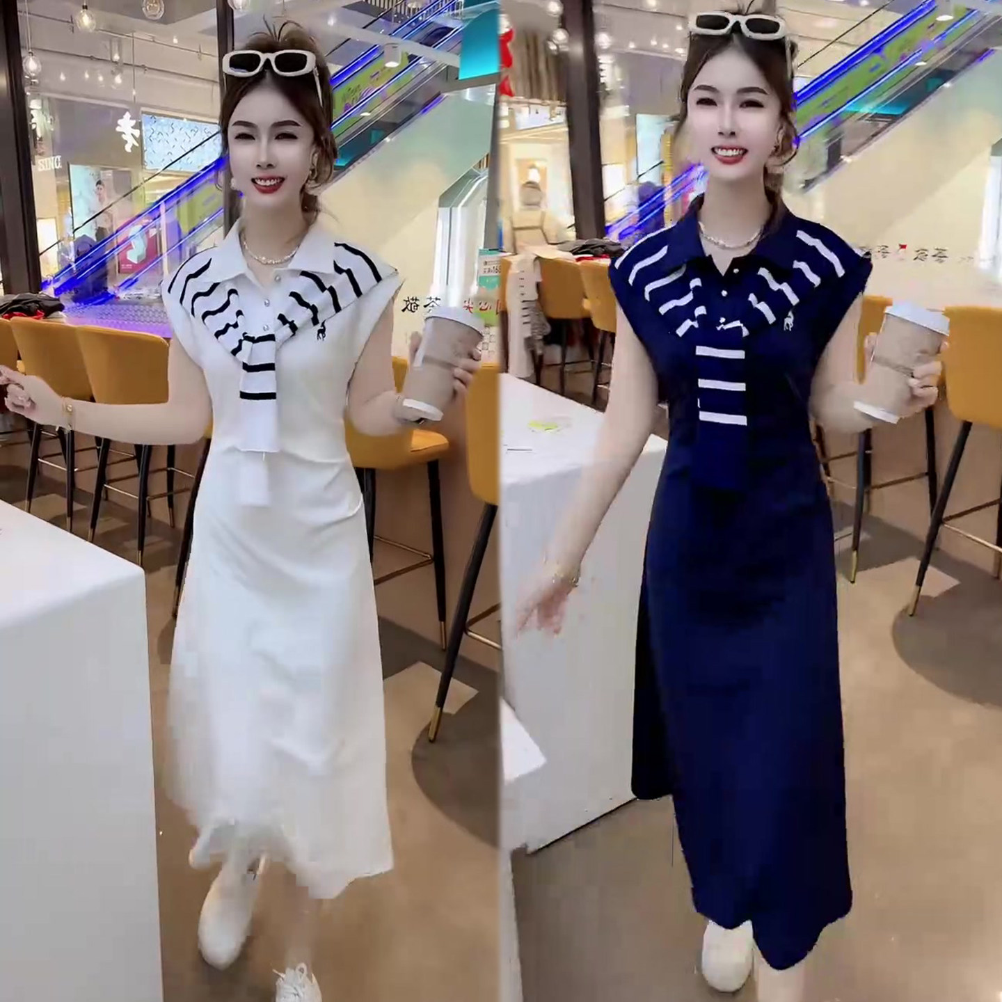 夏季新款时尚休闲连衣裙女韩版条纹披肩翻领中长款显瘦百搭衬衫裙