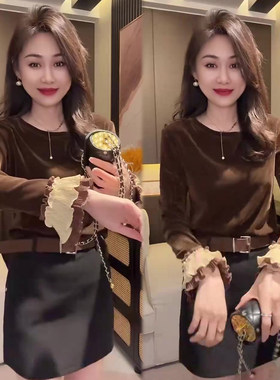 圆领丝绒喇叭袖拼接小衫女