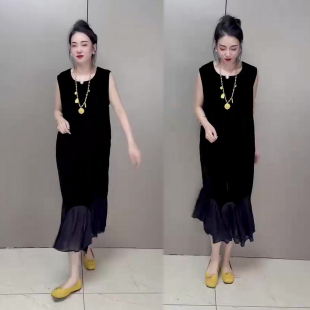荷叶边拼接丝绒砍袖连衣裙女2026春夏季新款时尚韩版气质长裙女裙