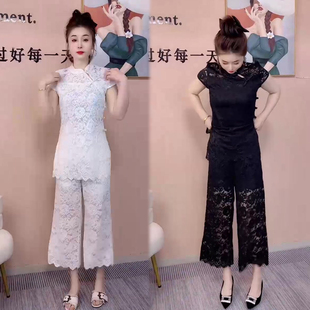 新中式网红时尚套装女2026春夏季新款蕾丝短袖+休闲裤两件套装潮