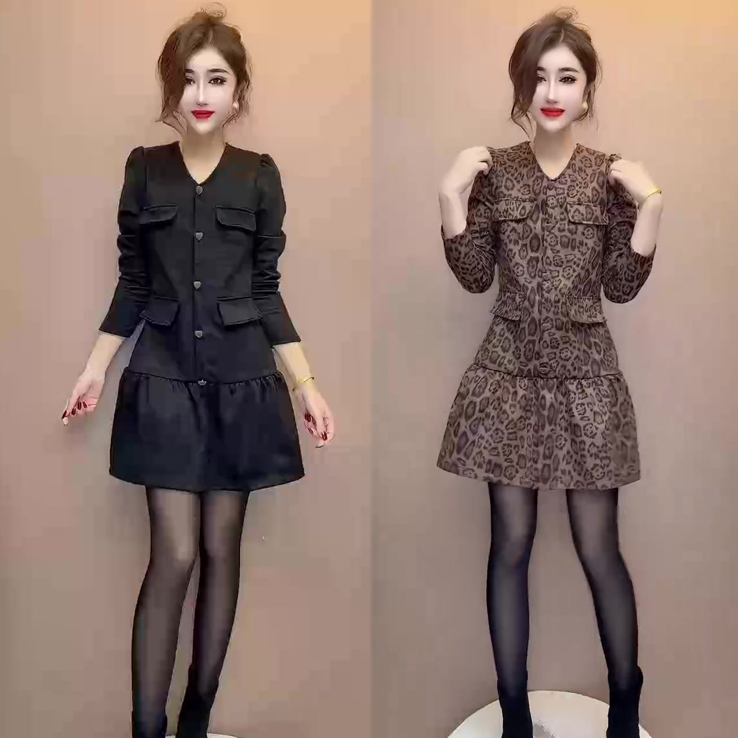 V领荷叶边高腰连衣裙女