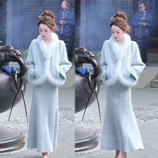 温柔风时尚套装裙女2025冬季新款毛毛拼接上衣+高腰半身裙两件套