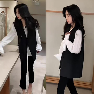 网红韩版时尚三件套女2026秋季新款马甲+喇叭袖衬衫+裤子爆款套装