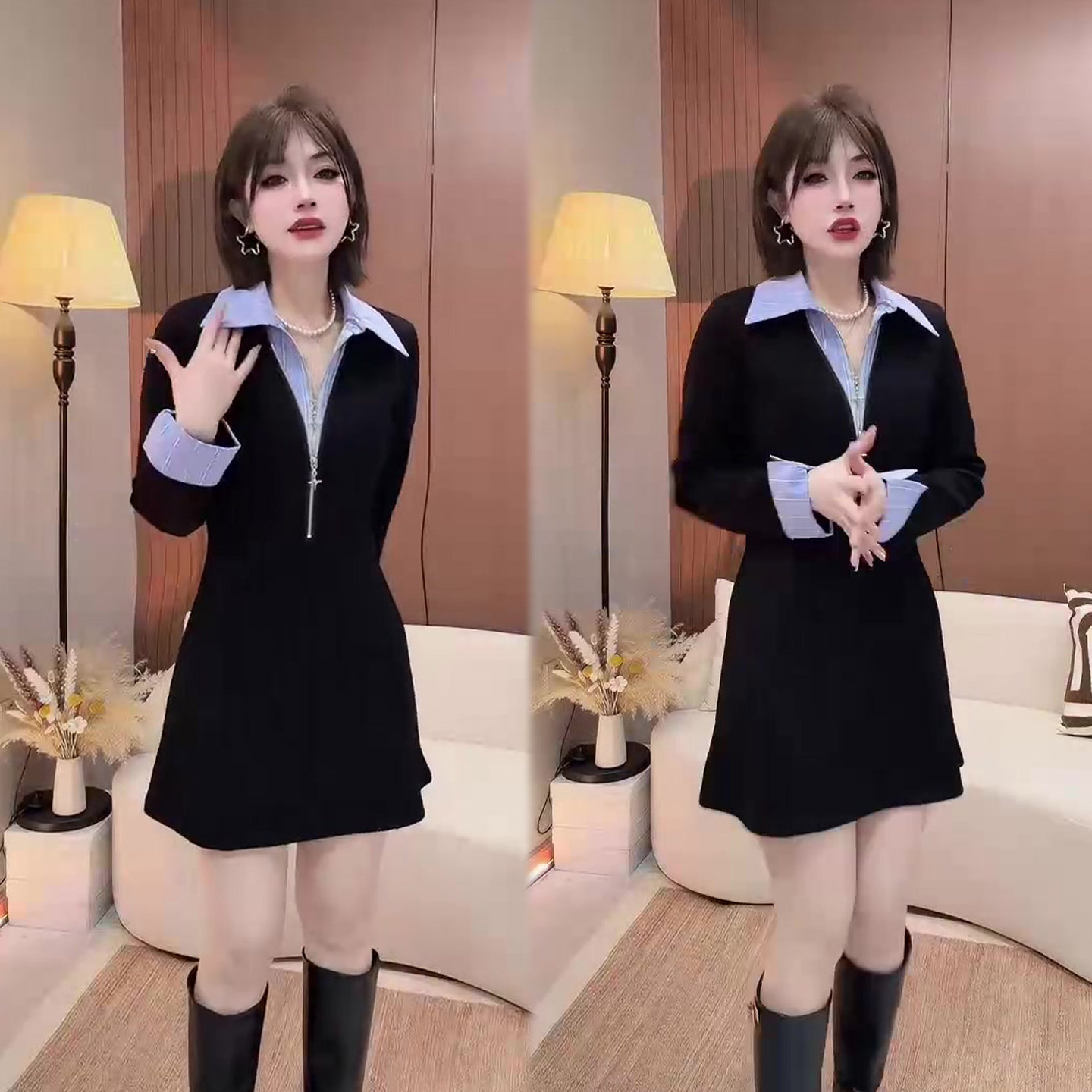 拼接衬衫领拉链连衣裙女2026春季新款时尚韩系减龄高腰女裙中长裙