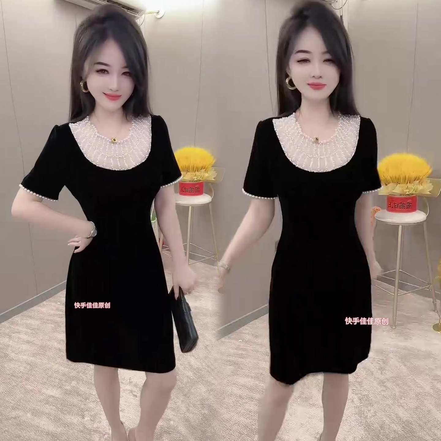 轻奢高档金丝绒连衣裙女2025夏季新款重工钉珠设计显瘦遮肚裙子潮