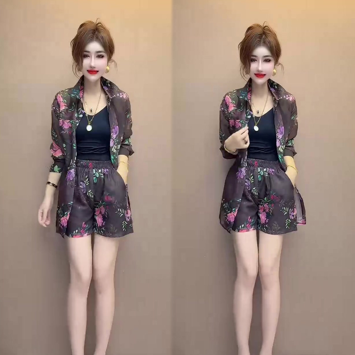 复古时尚气质两件套女2026夏季新款薄款花色西服外套+短裤套装潮