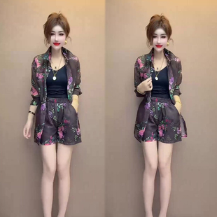 复古时尚气质两件套女2026夏季新款薄款花色西服外套+短裤套装潮