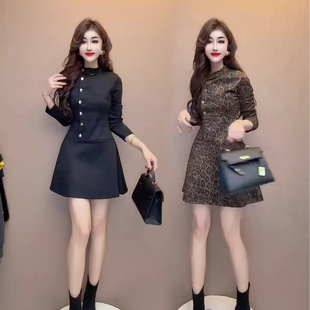 个性潮流豹纹长袖连衣裙女2025秋季新款成熟欧洲站高腰显瘦女裙子