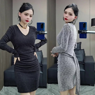 亮晶晶绑带连衣裙女2026春季新款御姐风抽褶绑带修身显瘦包臀裙子