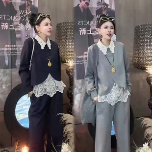 韩系洋气时尚套装女秋冬新款蕾丝拼接翻领卫衣+高腰阔腿裤两件套
