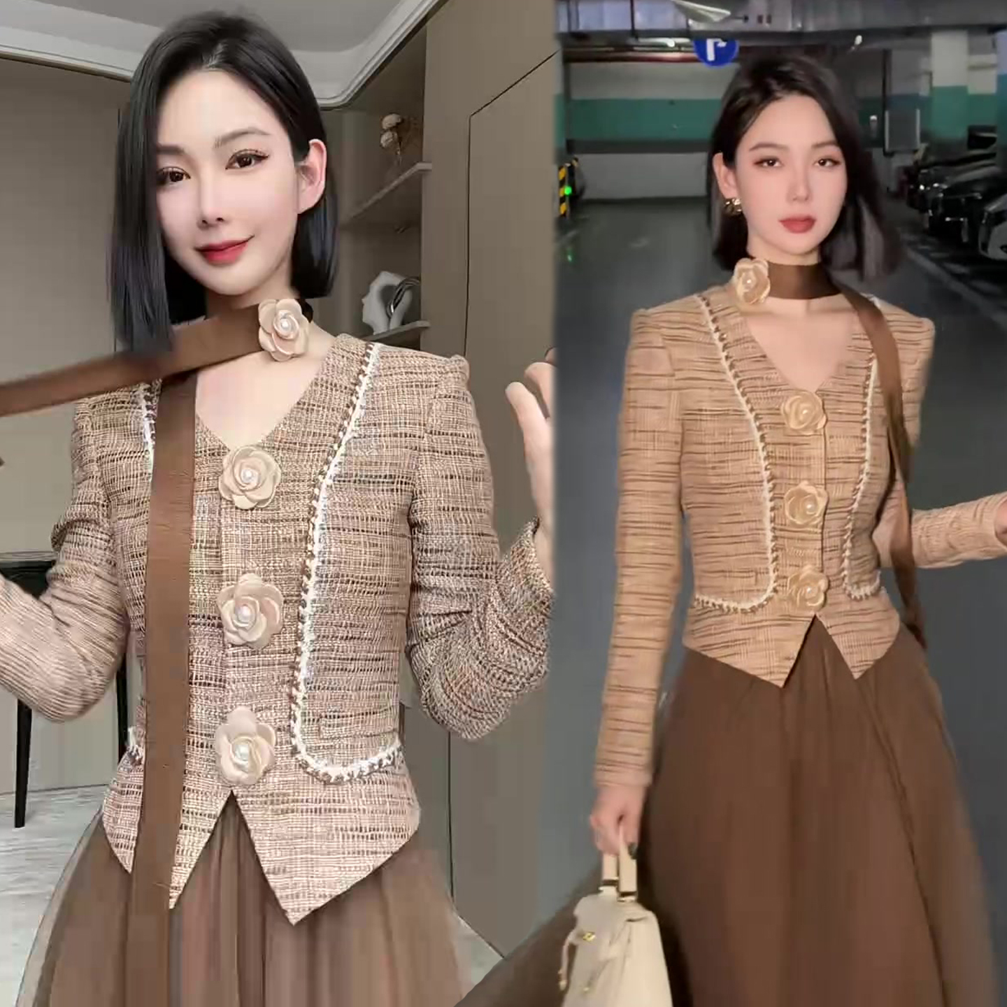 御姐风小香风套装女2025秋季新款贵气立体花外套+半身网纱裙两件