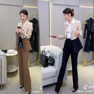网红抖音同款时尚套装女2023年春季新款韩版显瘦拼色西服+喇叭裤