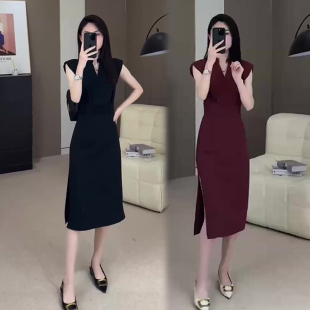 气质高街女士连衣裙2024夏季新款v领显瘦遮肉百搭高级感开叉裙潮