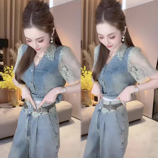 牛仔时尚套装女2026春季新款V领蕾丝拼短袖+阔腿裤洋气减龄两件套