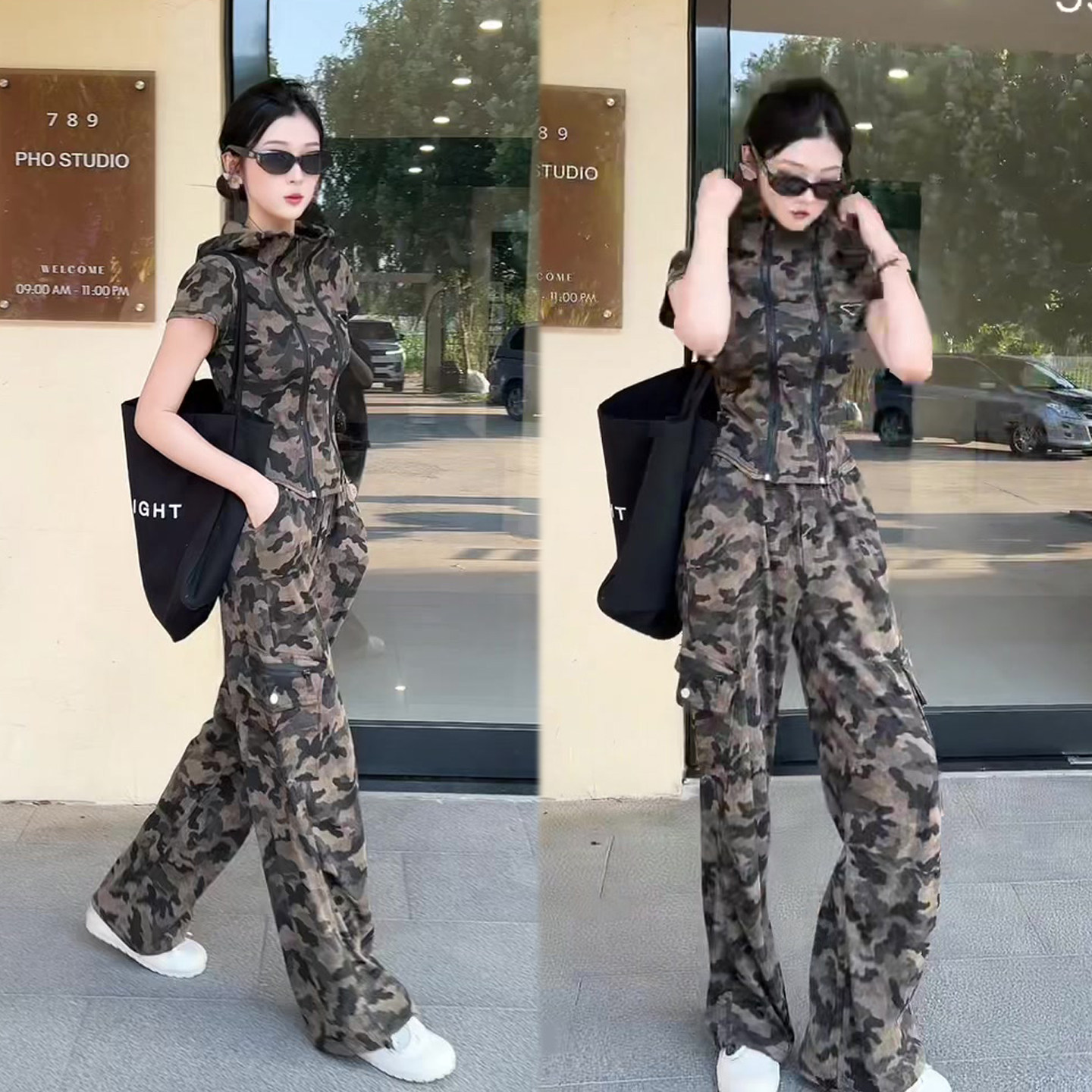 美式街头时尚套装女2026春季新款迷彩连帽短袖+阔腿裤两件套装潮