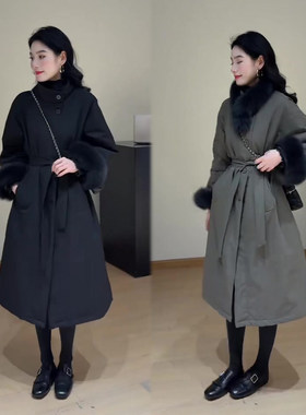 毛毛袖长款绑带棉服女