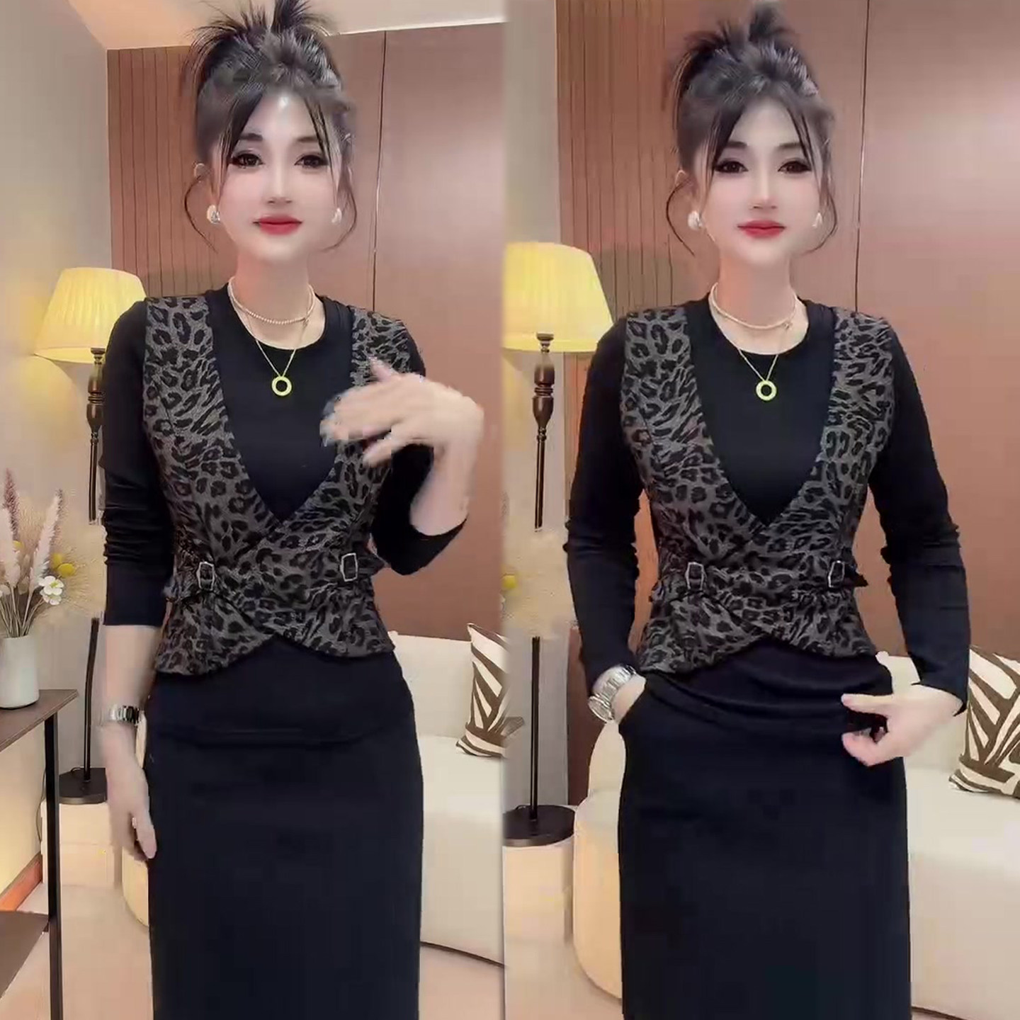 豹纹拼接修身打底衫女2025冬季新款时尚潮流网红爆款小衫显瘦上衣