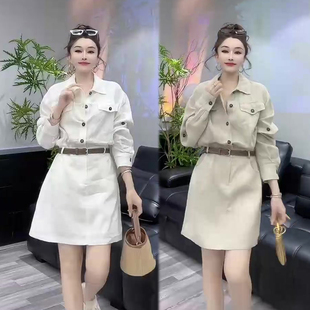 老钱风韩版工装裙女2026夏季新款翻领收腰显瘦中长款衬衫连衣裙潮
