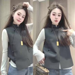 国风立领斜襟马甲女2026早春新款 百搭宽松遮肉显瘦网红坎肩 新中式