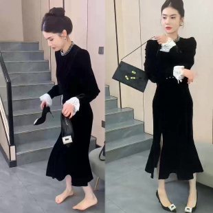 蕾丝袖拼丝绒连衣裙女2026春季新款法式名媛风气质鱼尾裙女裙长裙