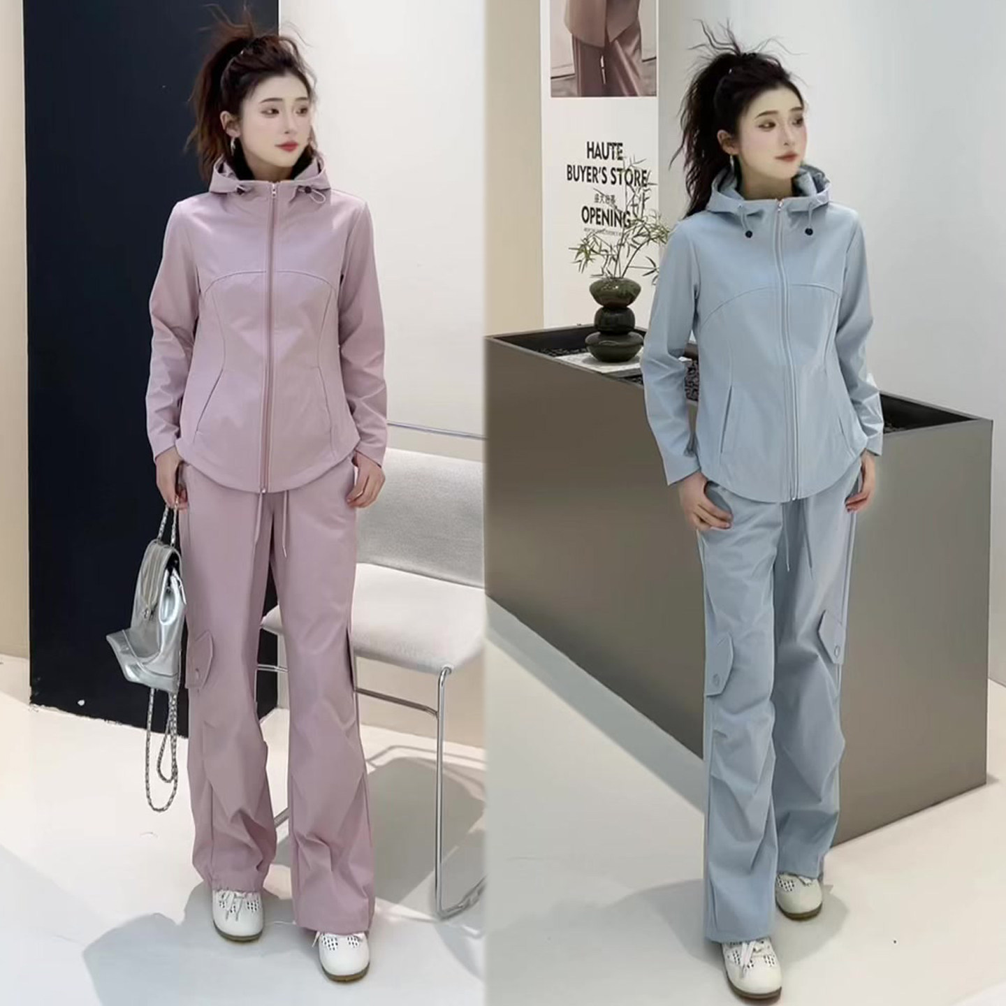 简约韩版套装女2026春季新款连帽冲锋衣外套+阔腿裤休闲风两件套