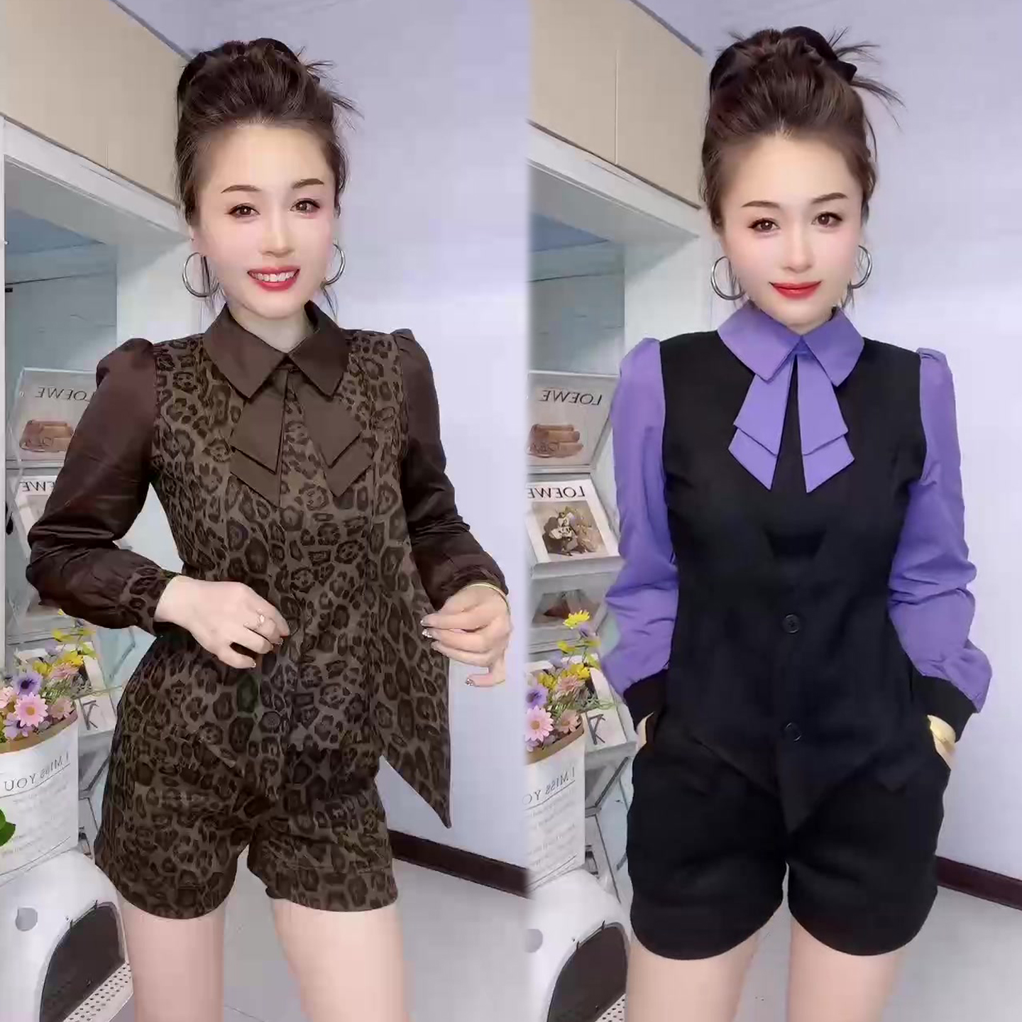 时尚潮流套装女假两件衬衫+短裤