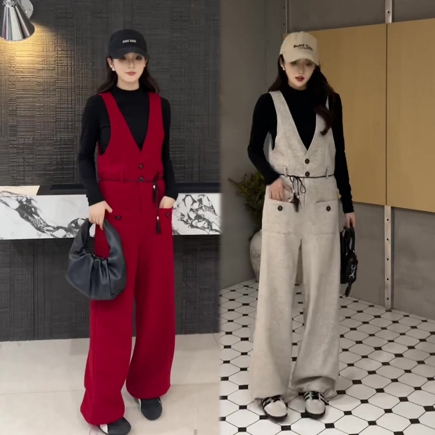 欧货洋气套装女2026春季新款毛呢抽绳背带裤+半高领打底衫两件套,女装/女士精品,时尚套装,淘宝优惠券,粉丝福利购,淘宝优惠卷