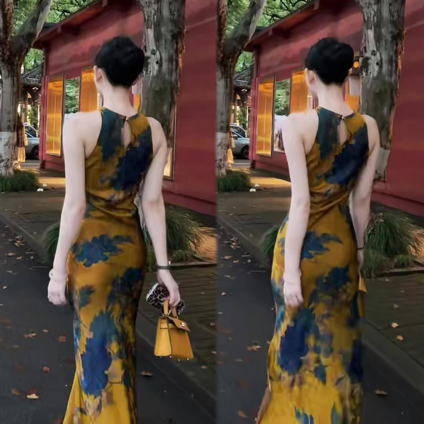 优雅无袖印花修身连衣裙女2026夏季新款后背镂空性感女人味长裙子