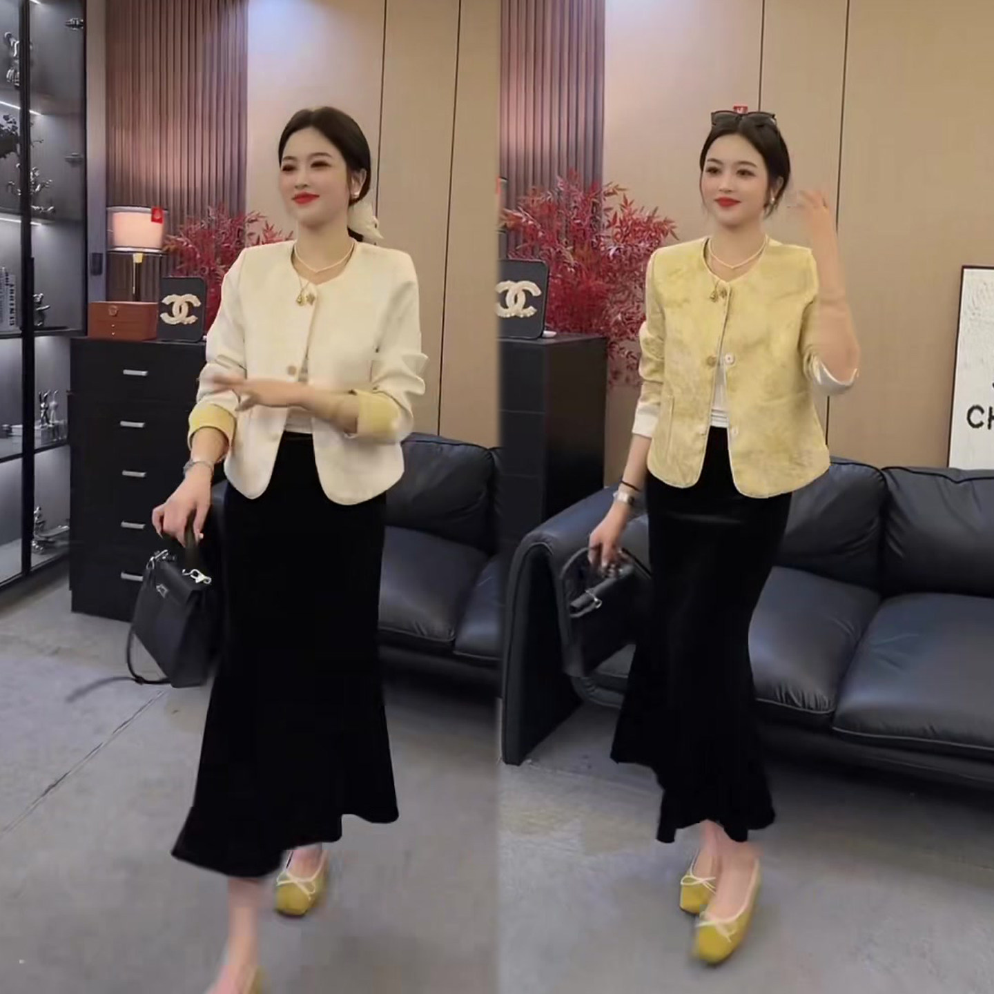 时尚减龄套装裙2026春季新款提花撞色外套+丝绒半身裙两件套装潮