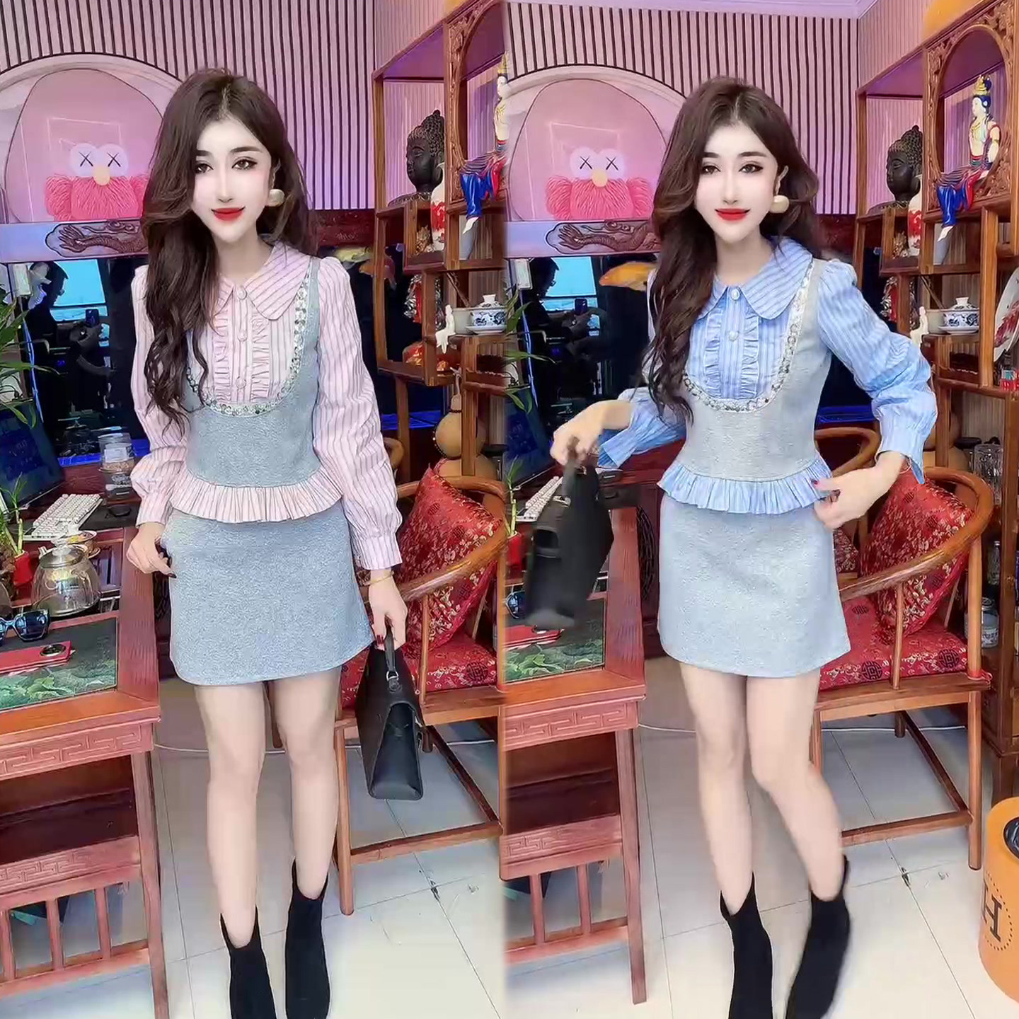 甜美减龄时尚套装裙2026春季新款条纹拼接假两件上衣+短裙两件套