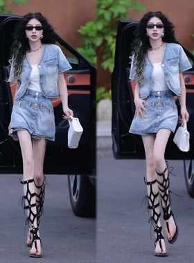 网红炸街牛仔套装女短袖+裤裙