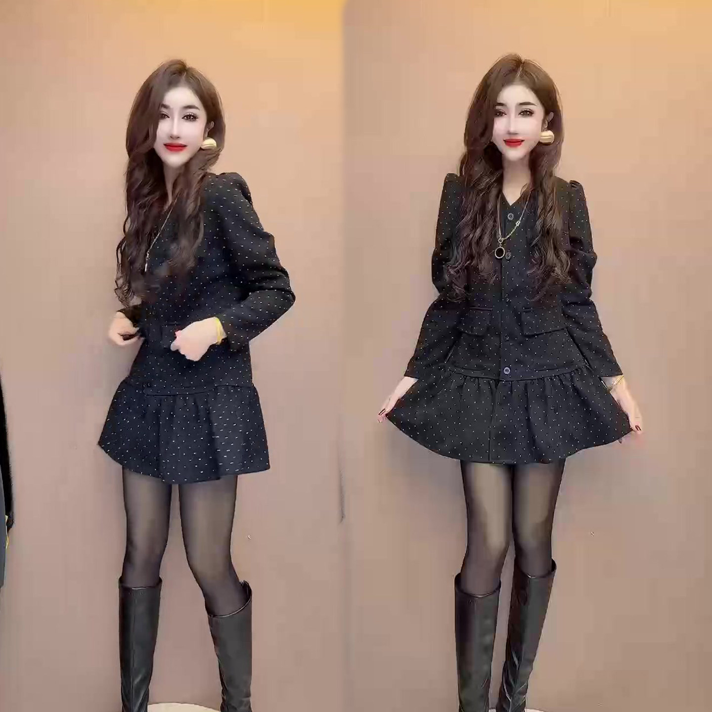 运动韩版荷叶边连衣裙女春季新款网红爆款高腰显瘦高级感中长裙子