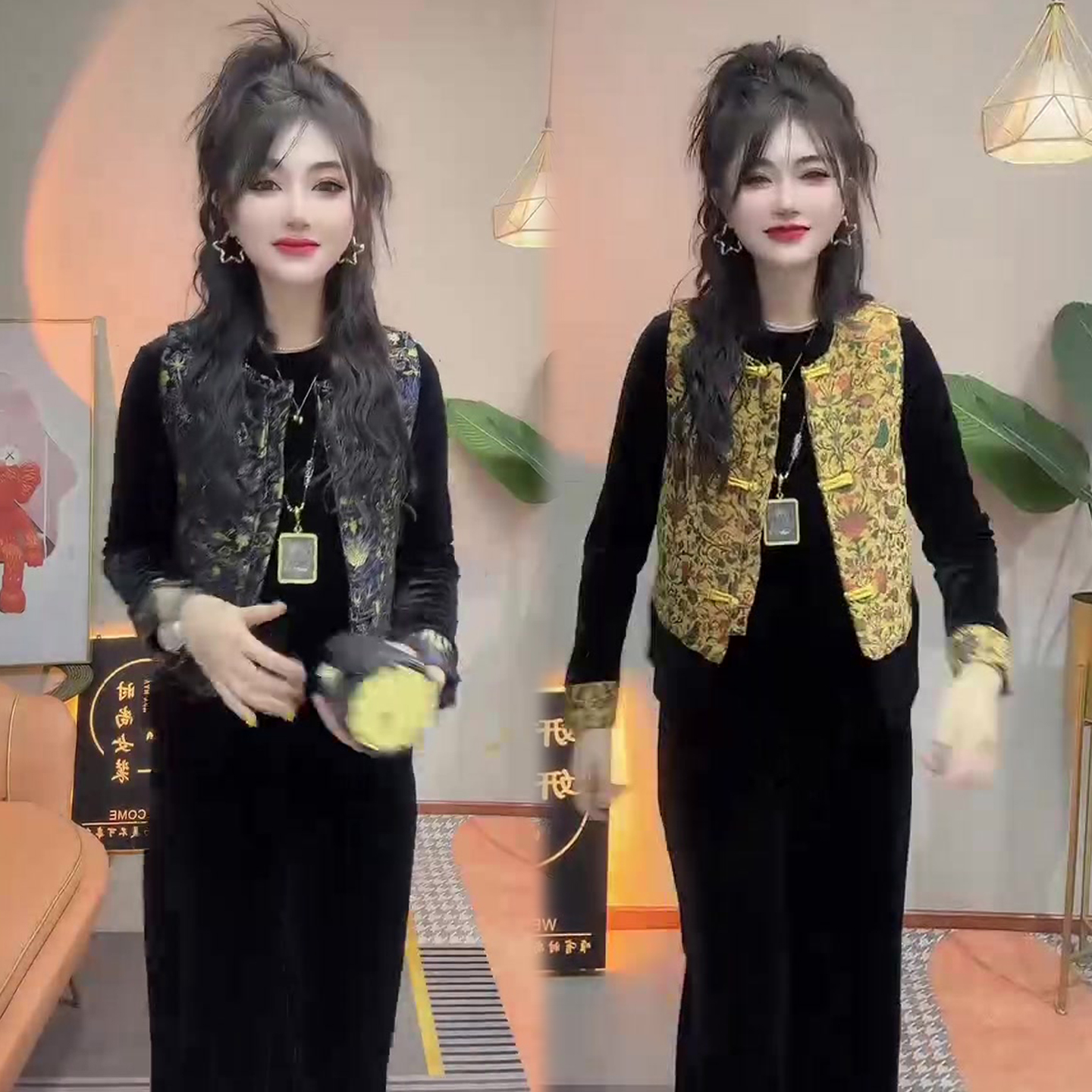 民族风丝绒套装女马甲+小衫+长裤