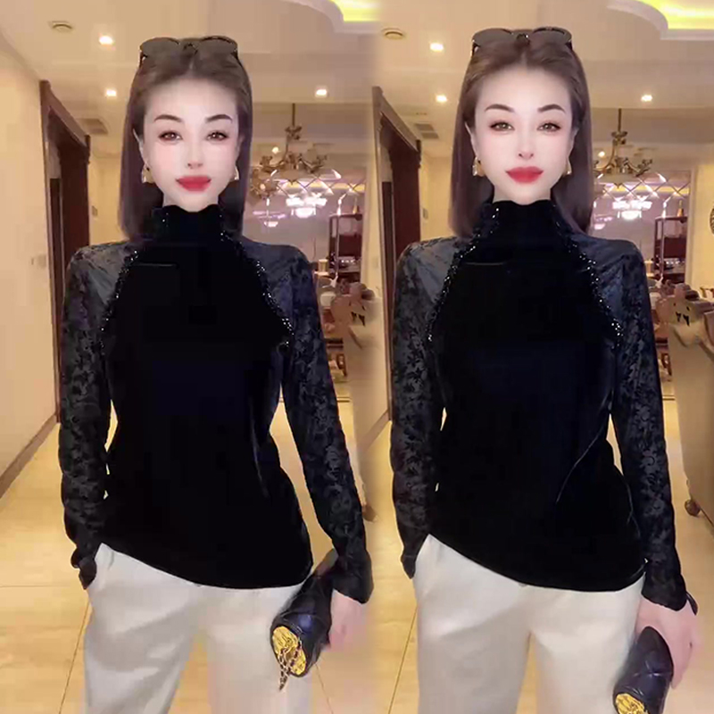 黑色高领修身显瘦钉珠设计丝绒打底衫女冬季新款百搭洋气长袖上衣