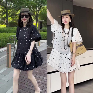 欧货爆款夏季新款波点连衣裙女款圆领宽松遮肉韩版洋气减龄裙子潮
