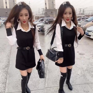 网红连衣裙女中长款韩版显瘦长袖翻领套头学生拼接针织打底衫裙子