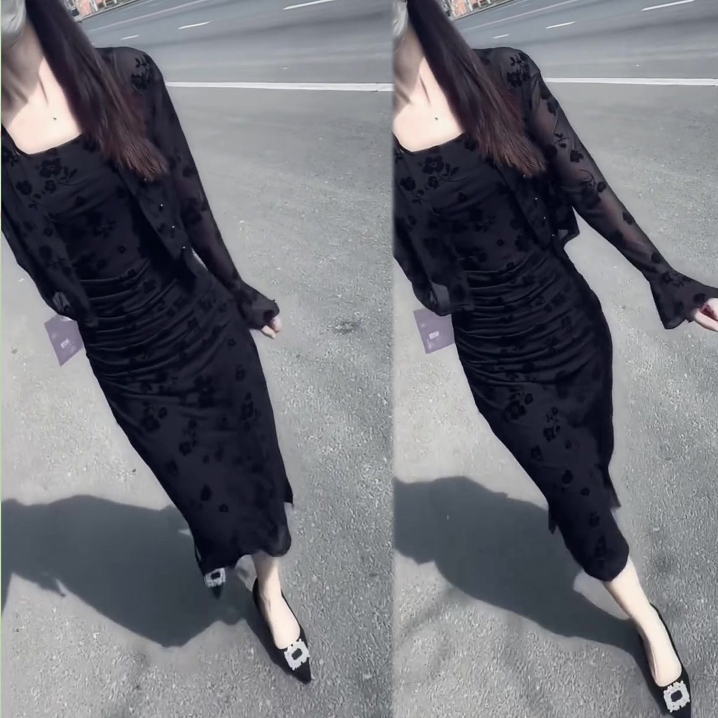法式名媛黑色网纱吊带连衣裙开衫两件套女2026早秋新款御姐套装潮