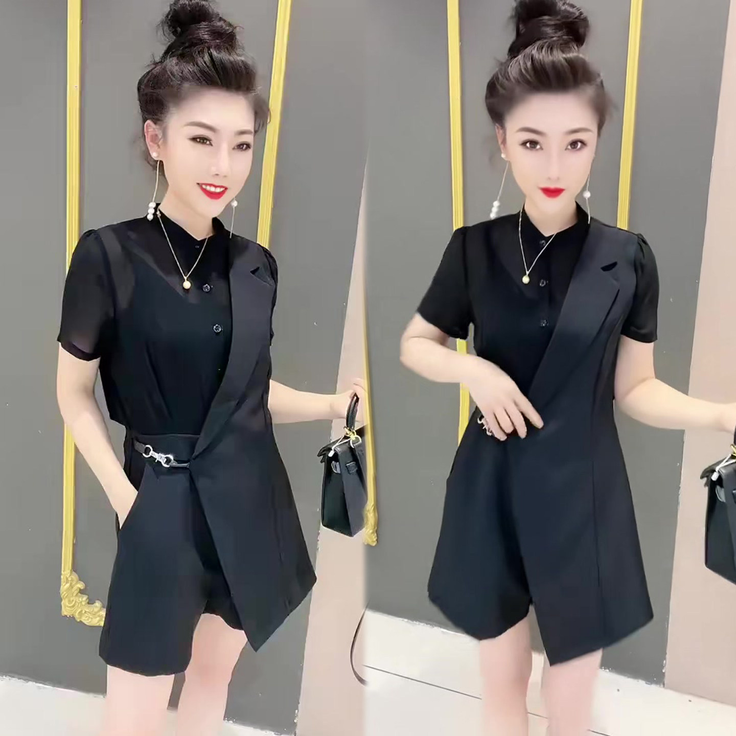 气质OL风黑色连体短裤女2026春夏新款不对称设计感高腰显瘦连体衣
