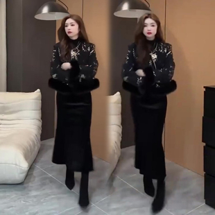 新国风时尚中式套装女冬季新款洋气复古棉服显瘦半身裙气质两件套