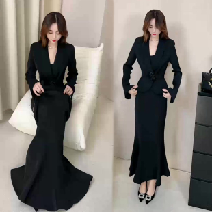 女神时尚气质套装女秋季新款V领短款上衣+高腰半身鱼尾裙爆款两件